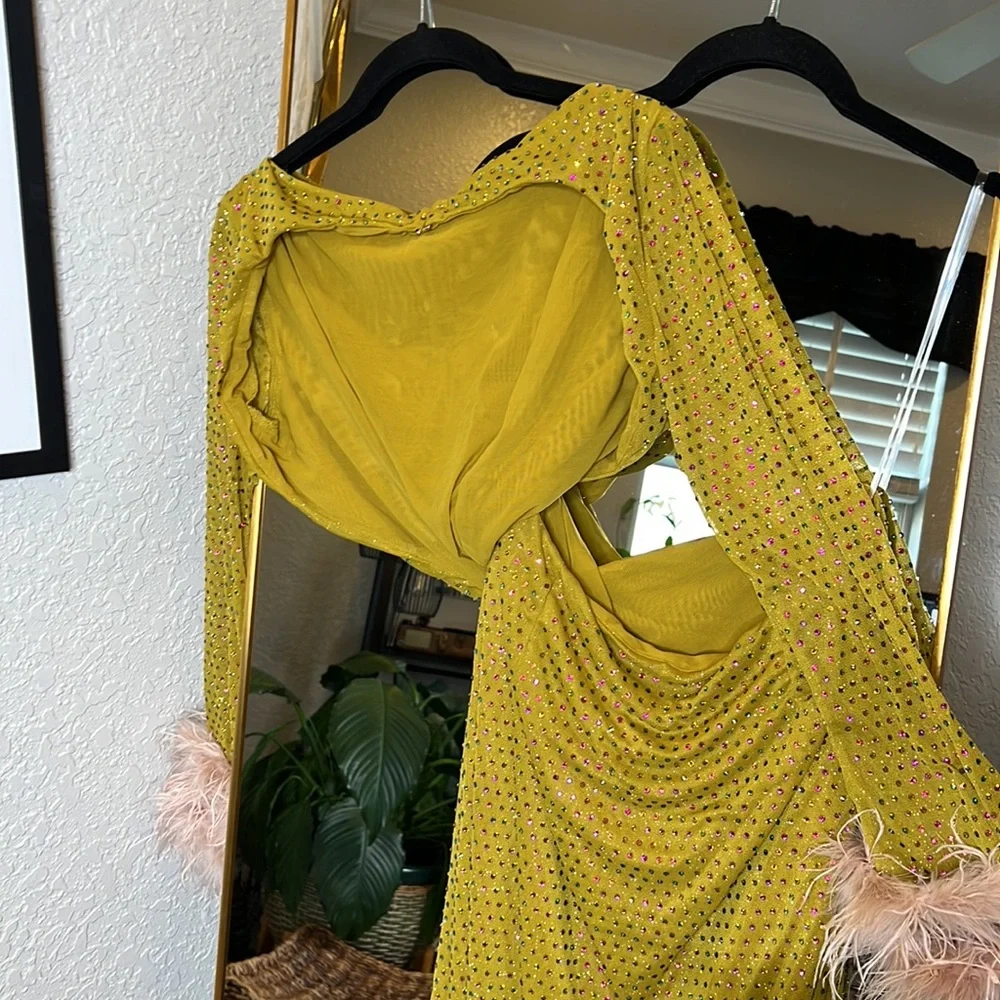 HOUSE OF CB 'Gina' Feathered Chartreuse Crystallised Maxi Dress NWOT - Picture 11 of 11